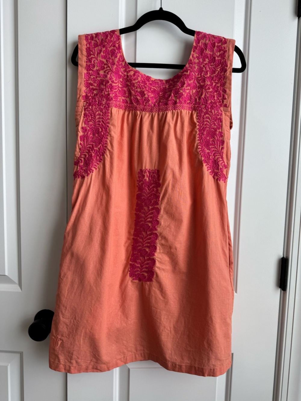 J. Marie Roe Embroidered Linen Dress in Orange/Pink | XS